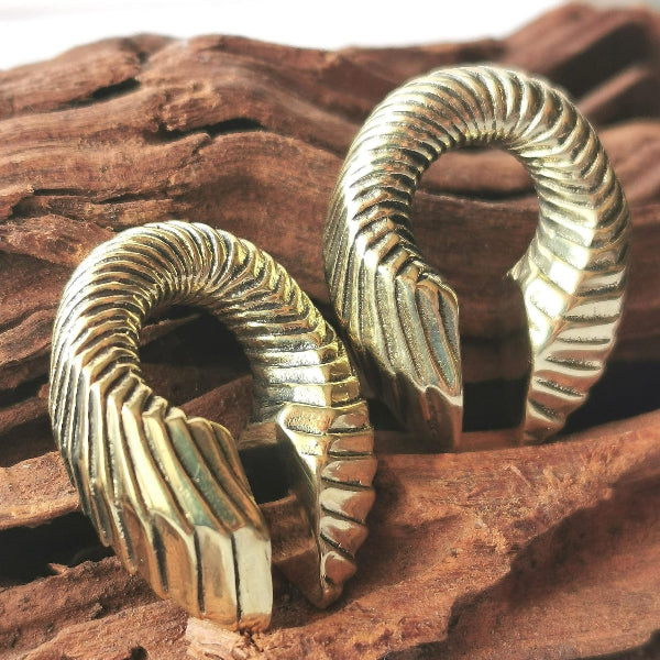 Pair of gold hoop earrings on a wooden surface