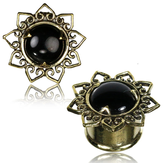 Brass Heart Mandala Ear Plug - Onyx