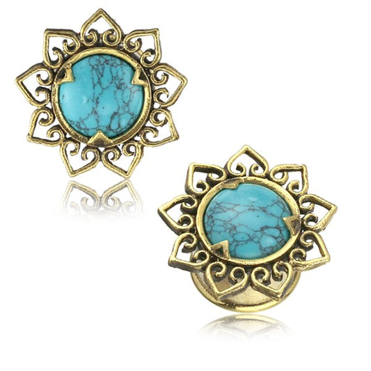 Brass Heart Mandala Ear Plug - Turquoise
