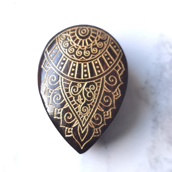 Tamarind Wood and Gold Ear Plugs - Ornamental Leaf