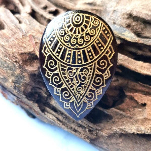 Tamarind Wood and Gold Ear Plugs - Ornamental Leaf