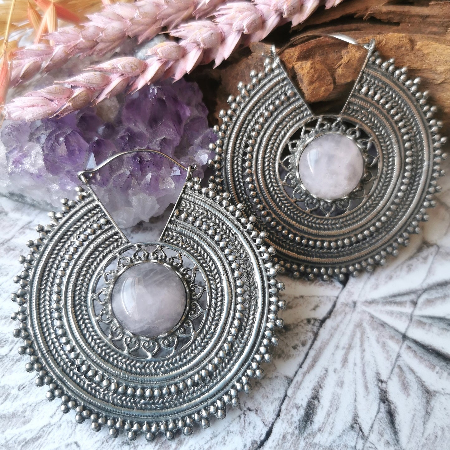 White Brass Large Earrings With Rose Quartz - Kulamaata