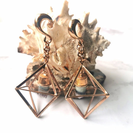 Rose Gold Plated Brass 3D Octagon Drop Ear Weights With Amethyst Stone - Polyhedron