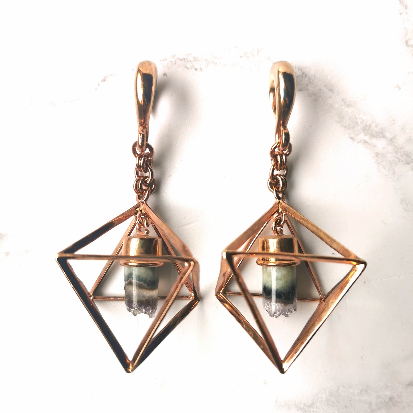 Rose Gold Plated Brass 3D Octagon Drop Ear Weights With Amethyst Stone - Polyhedron