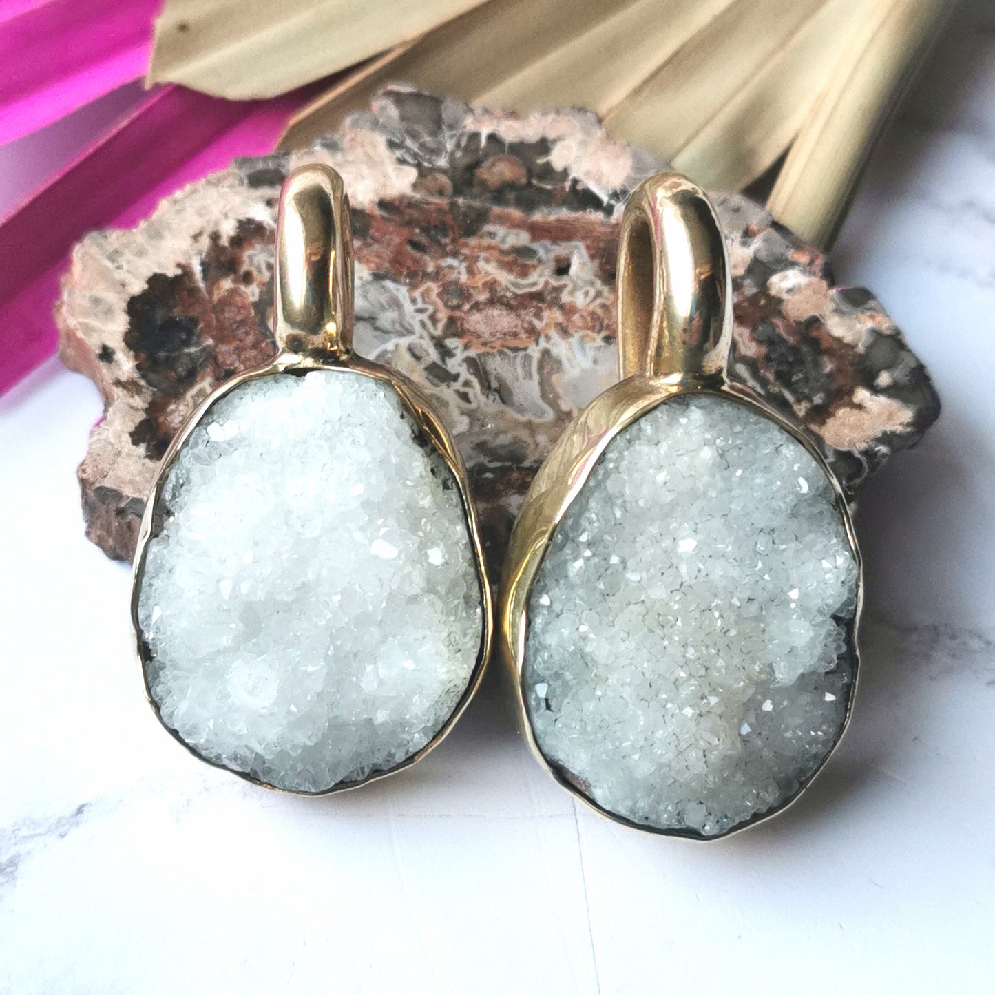 Gold Ear Weight Earrings with Raw Quartz