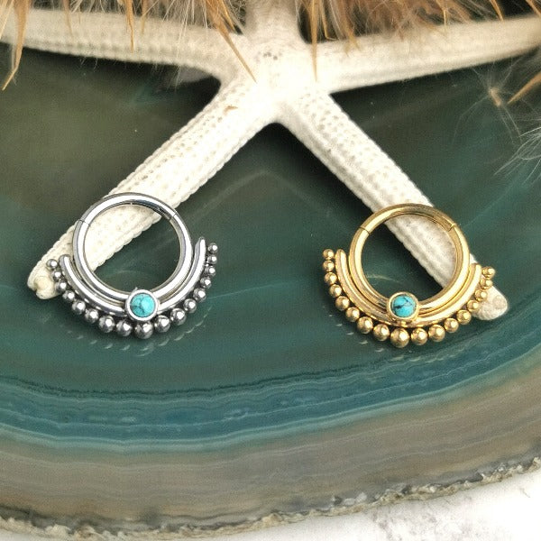 Gold Plated Stainless Steel Dotted Septum Clicker - Turquoise