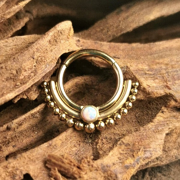 Gold Plated Stainless Steel Dotted Septum Clicker with Opalite
