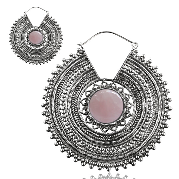 White Brass Large Earrings With Rose Quartz - Kulamaata