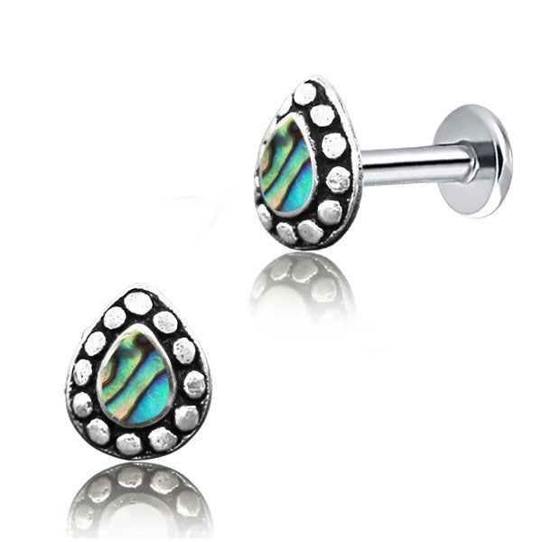 Stainless Steel Flat Back Multi Piercing - Dotted Silver & Abalone Shell Drop