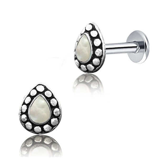 Stainless Steel Flat Back Multi Piercing - Dotted Silver & Mother Of Pearl Drop