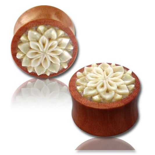 Sawo Wood and Mother of Pearl Shell Ear Plug - Flower