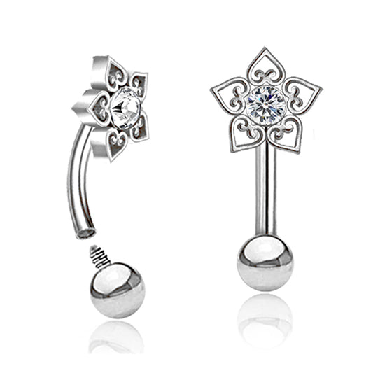 Stainless Steel Curved Barbell - Crystal Flower