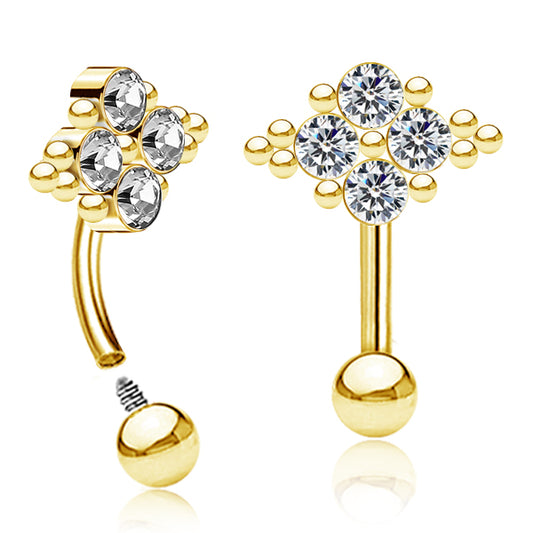 Gold Plated Stainless Steel Curved Barbell With Clear Crystal