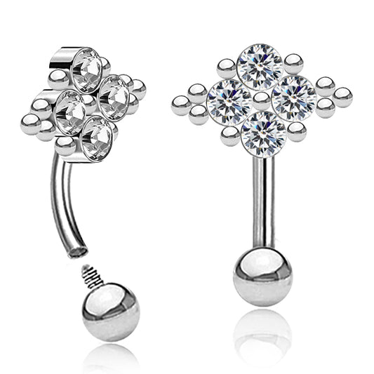 Stainless Steel Curved Barbell With Clear Crystal