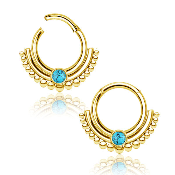 Gold Plated Stainless Steel Dotted Septum Clicker - Turquoise