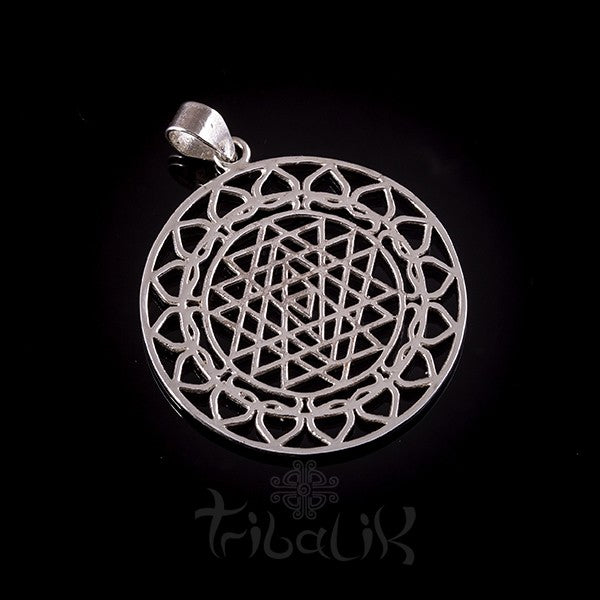 Silver Sri Yantra Pendant with Lotus Petals