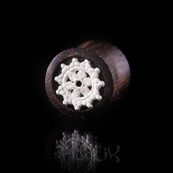 Wood and Silver Plated Mandala Ear Plug- Tunnels