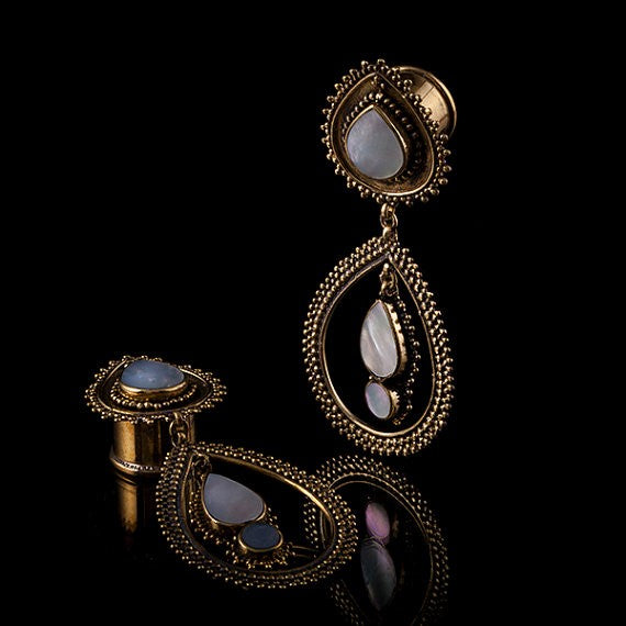 Maharani Mother Of Pearl Shell & Brass Ear Plugs with Drop Earrings