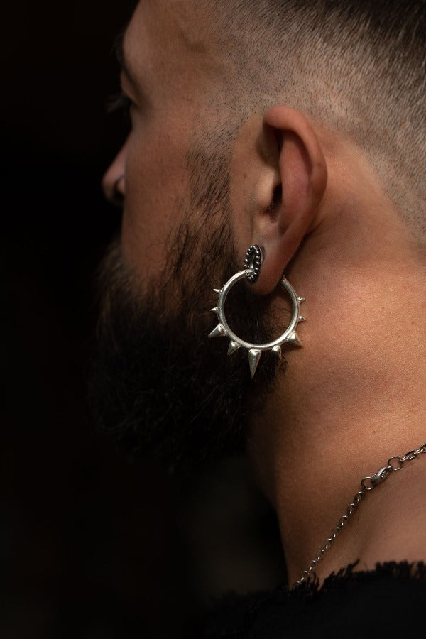 Silver plated brass clicker ear weights with spikes - Ceremony on model wearing tunnels