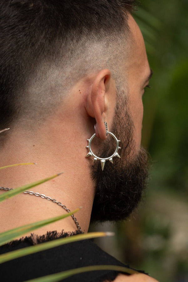 Silver plated brass clicker ear weights with spikes - Ceremony on model wearing tunnels