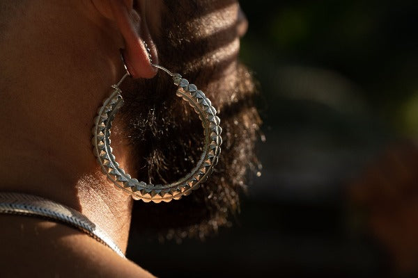 Silver plated brass large hoops earrings - ear weights - Journey on model wearing tunnels