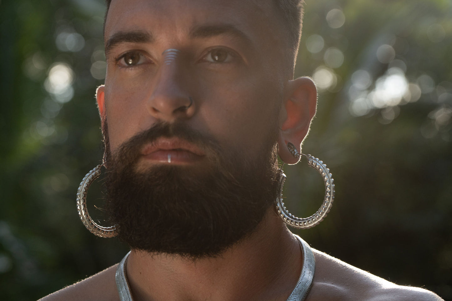 Silver plated brass large hoops earrings - ear weights - Journey on model wearing tunnels