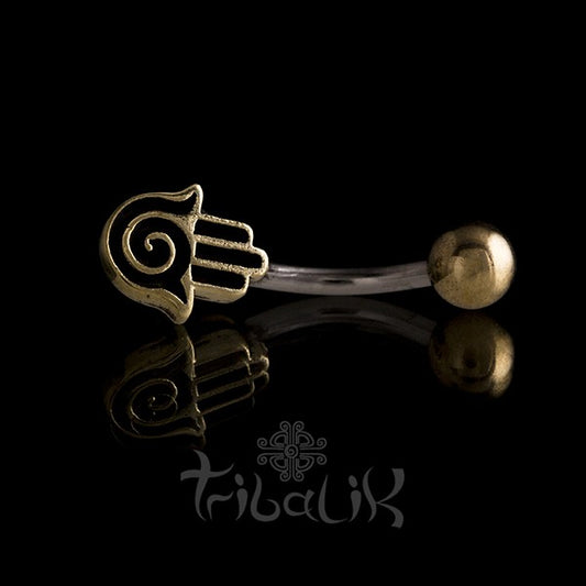 Gold Brass & Stainless Steel Hamsa Hand Belly Bar