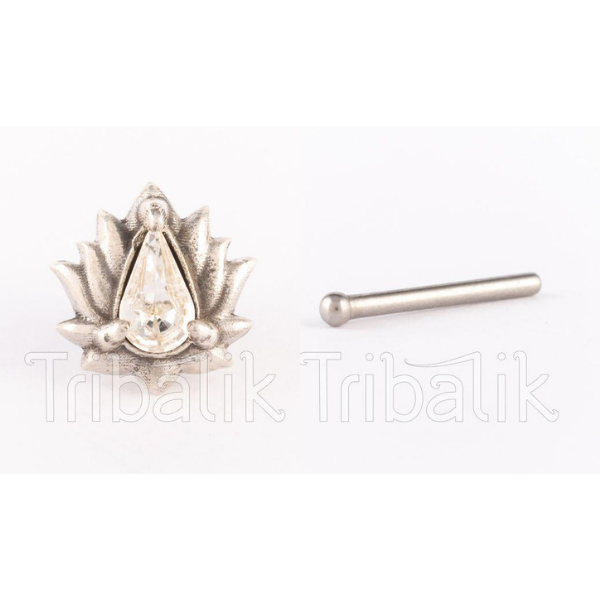 Silver Threadless Nose Stud Lotus Flower with Crystal