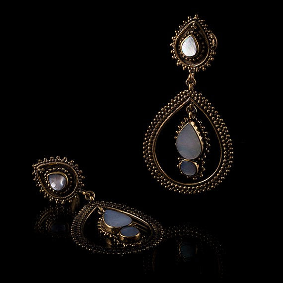 Maharani Mother Of Pearl Shell & Brass Ear Plugs with Drop Earrings
