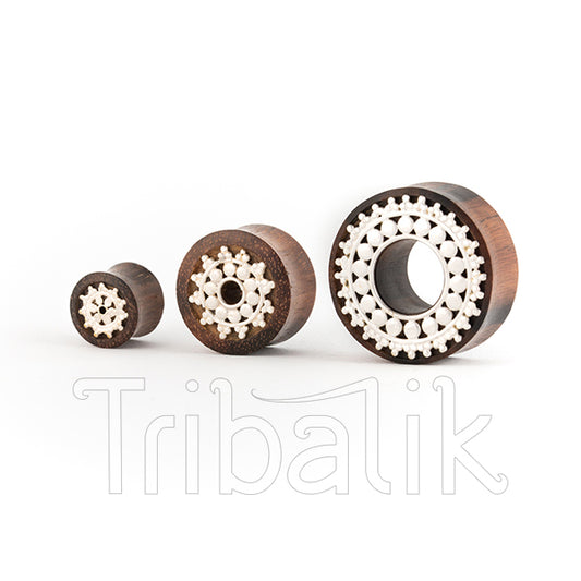 Afghan Organic Wood and Silver Plated Mandala Ear Plug- Tunnels