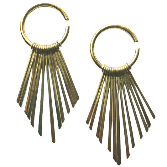 Pair of gold hoop earrings with fringed dangling elements on a white background