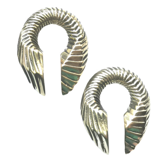 Pair of gold-colored metal ear hooks on a white background