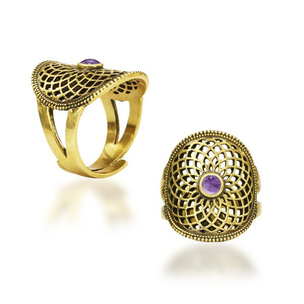 Gold Adjustable Ring | Seed Of Life - Amethyst