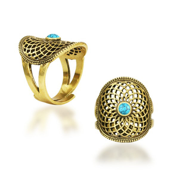 Gold Adjustable Ring | Seed Of Life - Turquoise