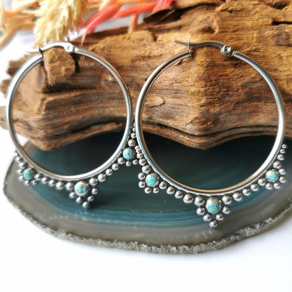 Stainless Steel Silver Hoop Earrings - Turquoise