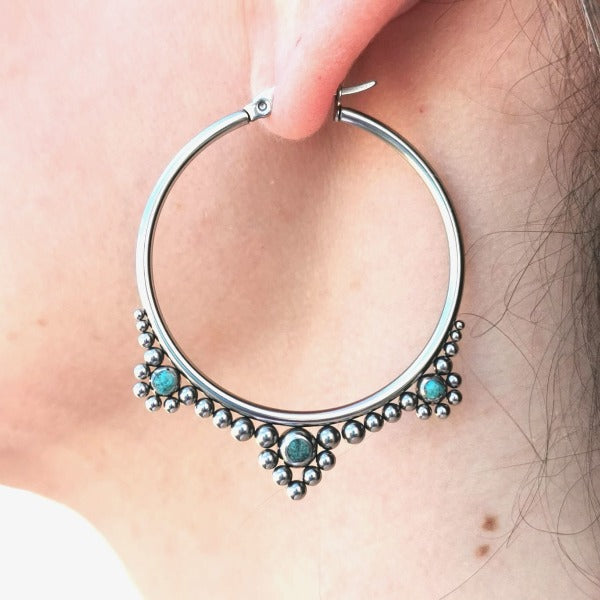 Stainless Steel Silver Hoop Earrings - Turquoise