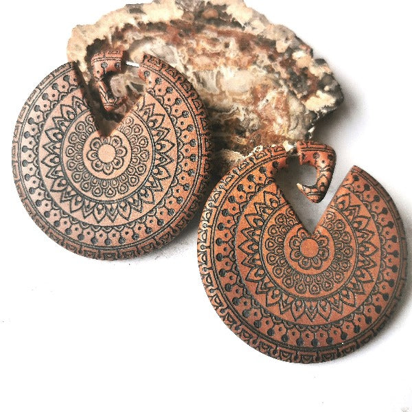 Wooden Fake Gauge Mandala Earrings - Nandi