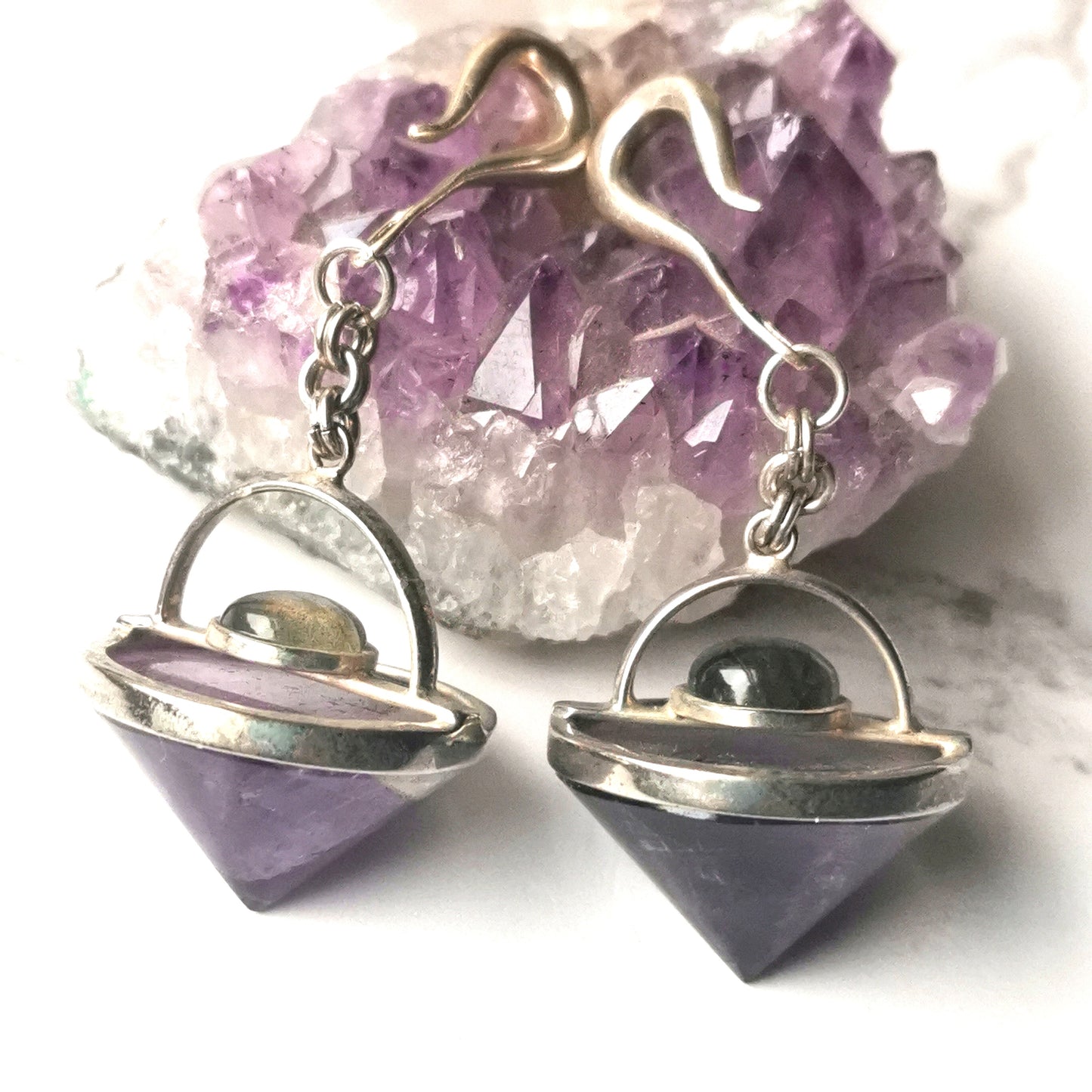 Silver Pendulum Drop Ear Weights With Amethyst & Labradorite Stones