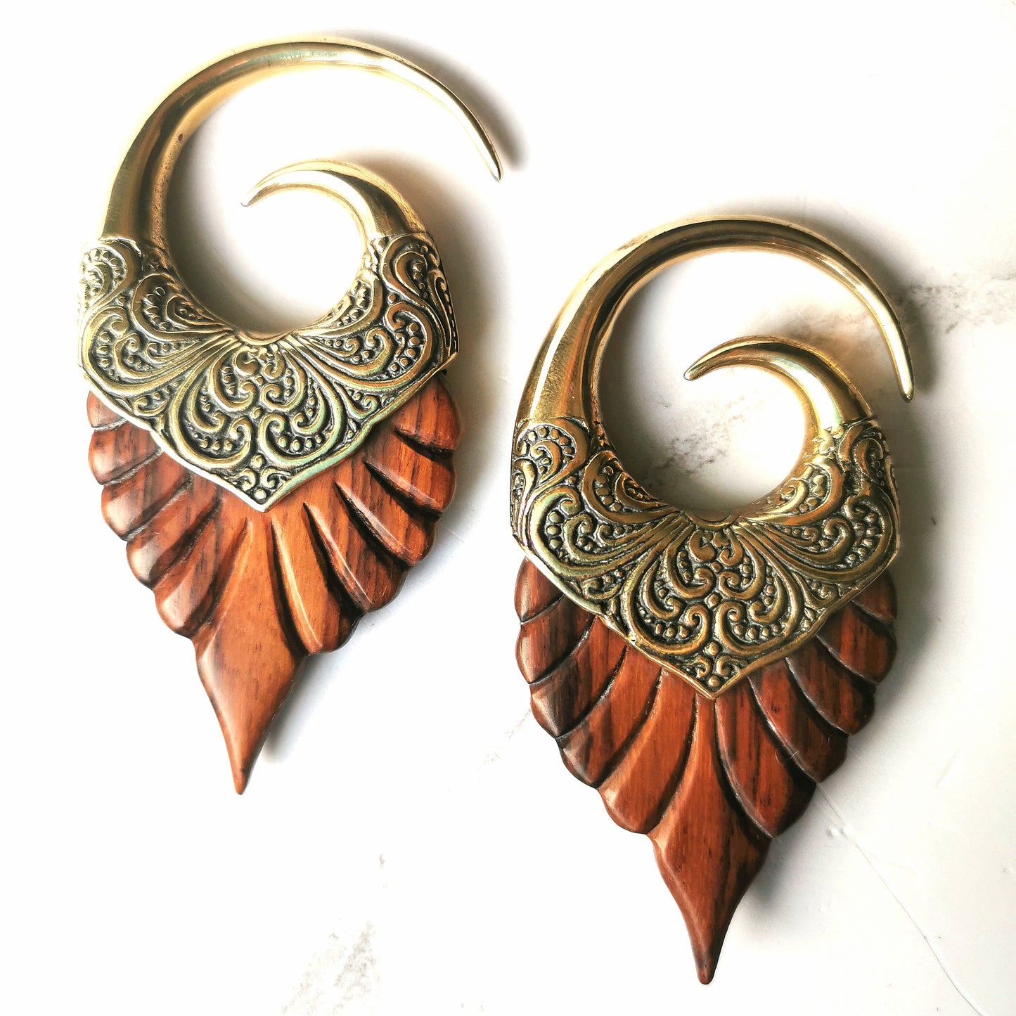 Brass & Wood Ear Weights - Sacred Leaf