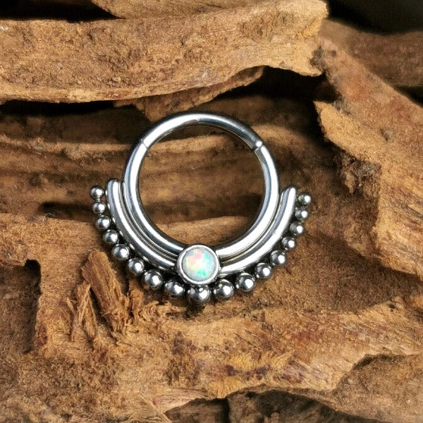 Stainless Steel Dotted Clicker Ring With Opalite stone
