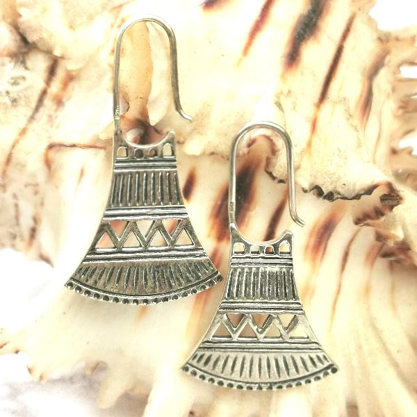 Sterling Silver Aztec Etched Boat Hook Earrings