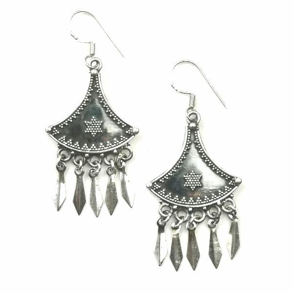 Silver Fan Hook Earrings With Dangling Daggers