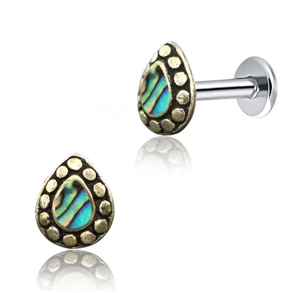 Stainless Steel Flat Back Multi Piercing - Dotted Brass & Abalone Shell Drop