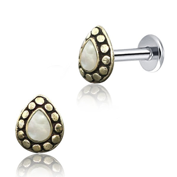 Stainless Steel Flat Back Multi Piercing - Dotted Brass & Mother Of Pearl Drop