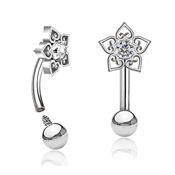 Stainless Steel Curved Barbell - Crystal Flower