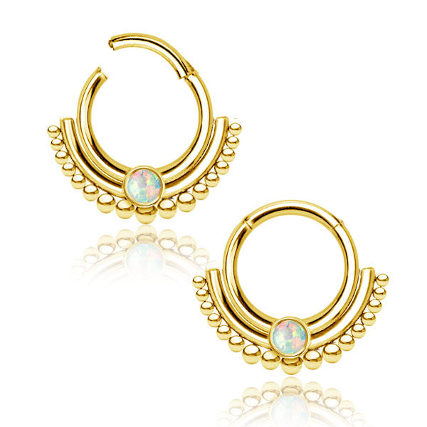 Gold Plated Stainless Steel Dotted Septum Clicker with Opalite