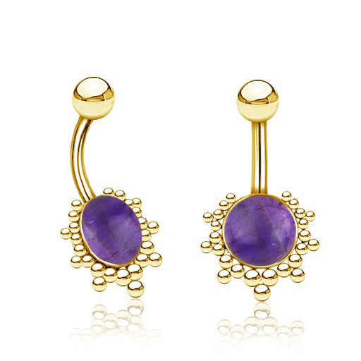 Gold Plated Stainless Steel Belly Bar - Amethyst Dotted Sun