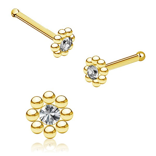 Gold Plated Stainless Steel Nose Bone Dotted Flower - Clear Zirconia