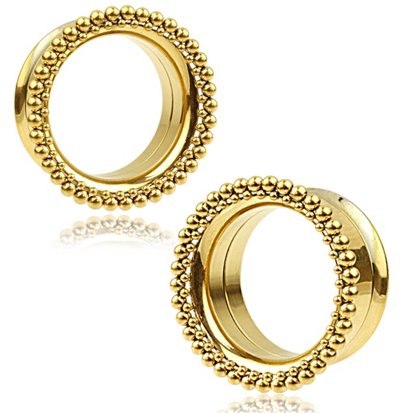 Gold Plated Stainless Steel Silver Ear Tunnel - Double Dotted Halo