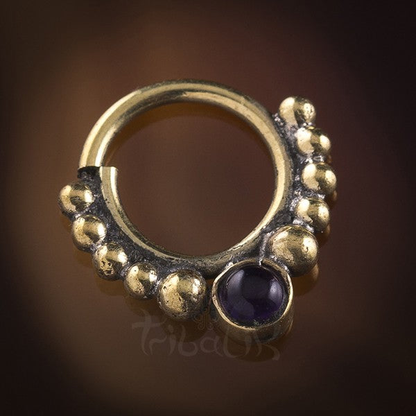Eka Amethyst Stone Brass Septum Ring for Pierced Nose - 1mm